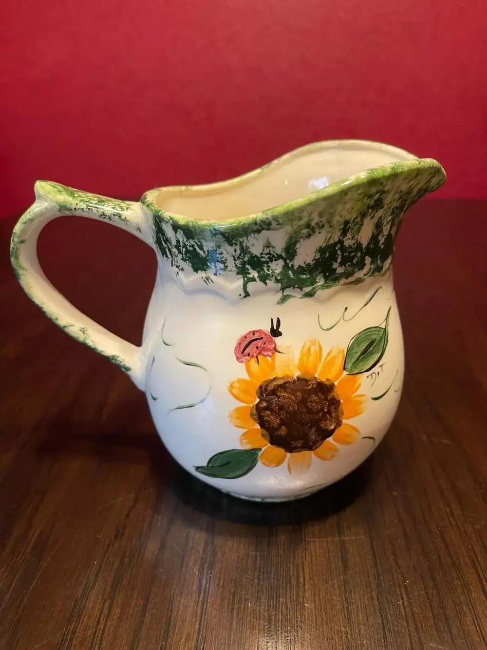 Hand-Painted Ceramic Sunflower and Ladybug Pitcher Signed Dot